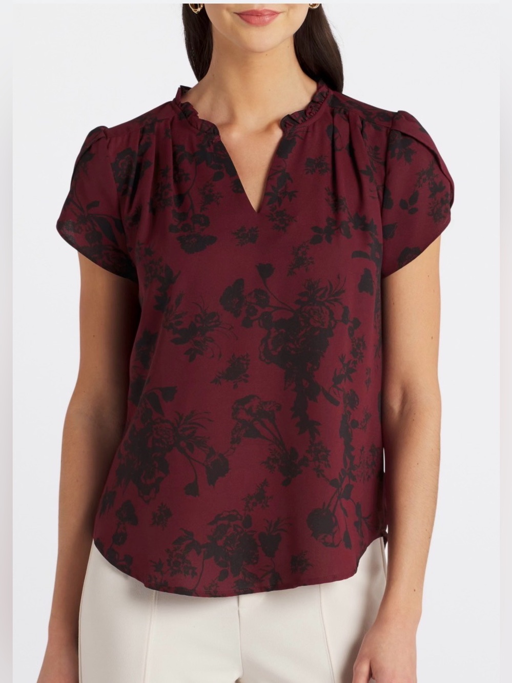 41 Hawthorn Burgundy Floral Split-Neck Short Sleeve Blouse
